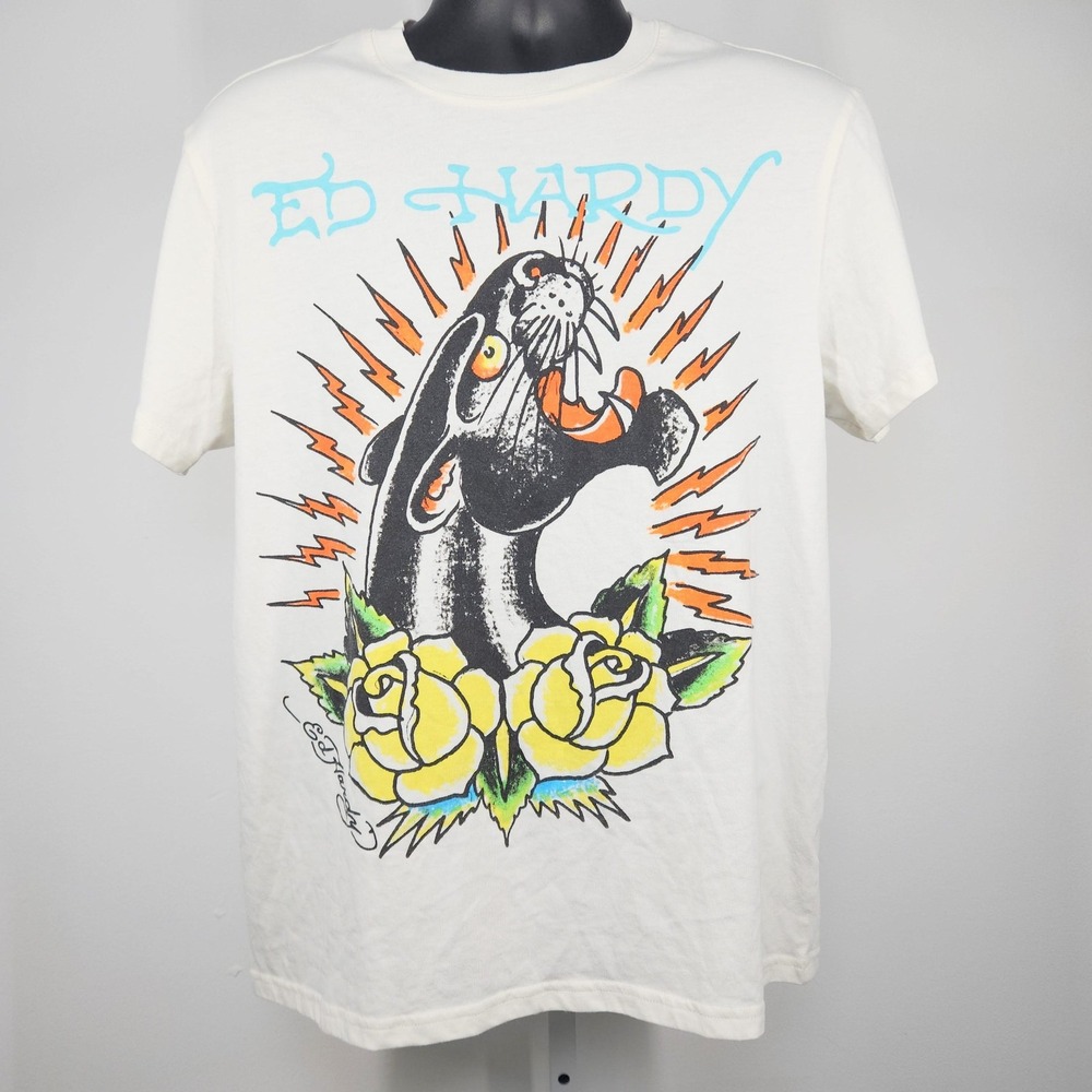 Ed Hardy Shirt Mens Medium Cream Panther Roses Tattoo Graphic Tee Don Ed Hardy
